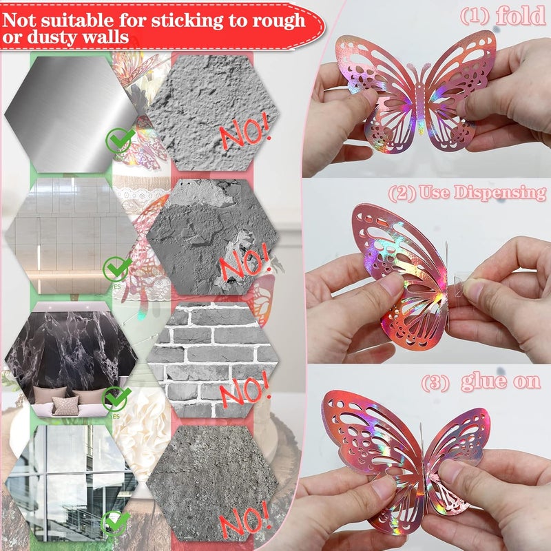 DELEMI 60 Pcs 3D Butterfly Wall Decor Stickers Iridescent Rose Gold Decorations Party, Holographic Butterflies Decor Butterfly Decals for Bedroom Classroom Wedding Decor DIY Gift - Image 5